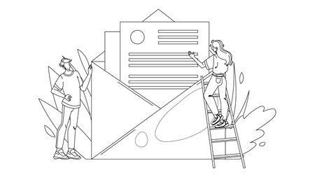 People Opening And Reading Email Message Black Line Pencil Drawing Vector. Young Man And Woman Open And Read Electronic Mail Message. Characters With Letter Social Internet Communication Illustrationのイラスト素材