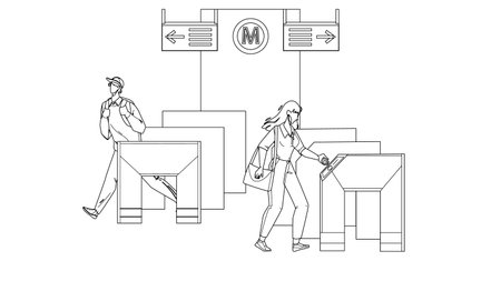 Entry Metro People Pass Through Turnstiles Black Line Pencil Drawing Vector. Man And Woman Passing Entry Metro Equipment For Control Direction Of Movement. Characters And Subway Security System Illustrationのイラスト素材