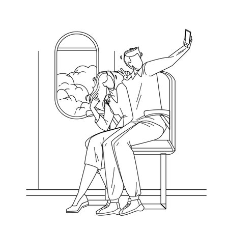 Couple Make Flight Selfie On Phone Camera Black Line Pencil Drawing Vector. Young Man And Woman Sitting In Airplane Making Selfie On Smartphone. Characters Travellers Photographing Illustrationのイラスト素材