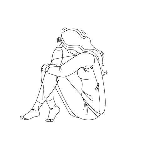 Loneliness Unhappy Woman Sitting On Floor Black Line Pencil Drawing Vector. Loneliness Sad Young Girl Touching Hair. Character Lady Psychological And Mental Troubles, Suffering From Bad Relationship Illustrationのイラスト素材