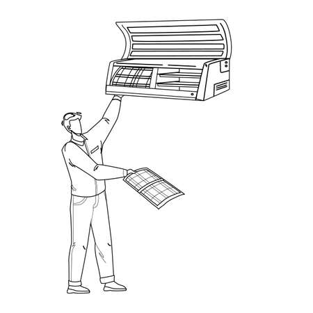 Repairing Conditioner Service Worker Man Black Line Pencil Drawing Vector. Repairman Fixing And Cleaning Conditioner System, Electronic Equipment For Heating Or Cooling Air. Character Repair Device Illustrationのイラスト素材