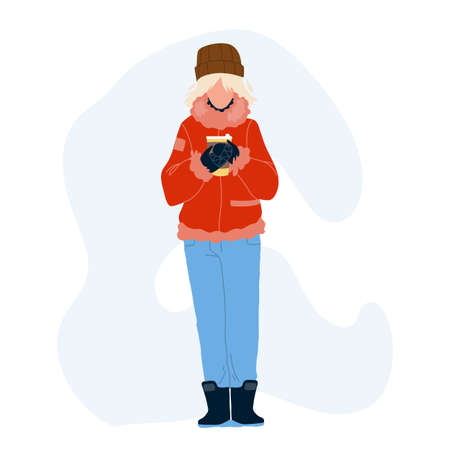 Hot Drink Drinking Woman In Winter Day Vector. Young Girl Wearing Warm Season Clothes Holding Hot Drink Coffee Or Tea Cup. Character Warming With Beverage Flat Cartoon Illustrationのイラスト素材