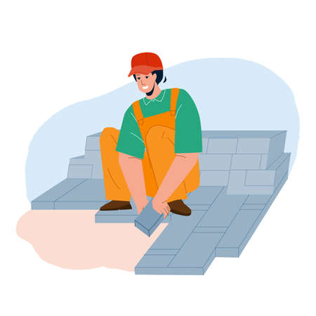 Granite Worker Laying Street Stone Pavers Vector. Granite Worker Man Brick Paving Hardstanding Garden Path. Character Handyman In Professional Suit And Protective Hat Flat Cartoon Illustrationのイラスト素材
