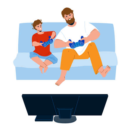 Father And Son Playing Video Games Together Vector. Man And Preteen Boy Holding Joystick Playing Video Games In Living Room. Characters Funny Leisure And Enjoying Time Flat Cartoon Illustrationのイラスト素材