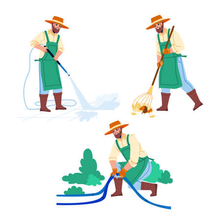 Gardener Man Agricultural Occupation Set Vector. Gardener Removing Foliage, Fixing Hose And Watering Plant In Garden Or Washing Backyard. Character Agriculture Maintenance Flat Cartoon Illustrationsのイラスト素材