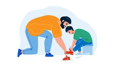 Father With Son Try On Shoes In Kid Store Vector. Man Help Boy Choosing Footwear In Clothes Kid Store. Characters Parent With Kid Buy Footwear In Shop, Season Sales Flat Cartoon Illustrationのイラスト素材