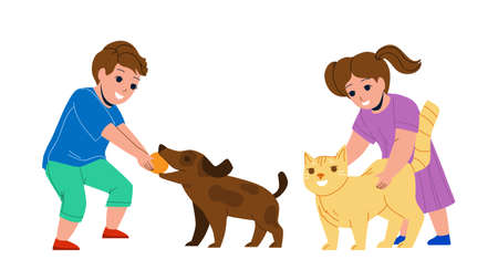 Kids Playing With Pets Together In Park Vector. Little Boy Play With Dog And Ball, Girl Stroking Cat Pets. Characters Brother And Sister Enjoying With Domestic Animals Flat Cartoon Illustrationのイラスト素材