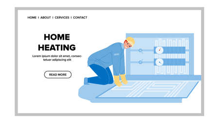 Home Heating System Installing Craftsman Vector. Floor Home Heating Equipment Install Man Engineer. Character Guy Plumber Repairing Climate Technology In Apartment Web Flat Cartoon Illustrationのイラスト素材