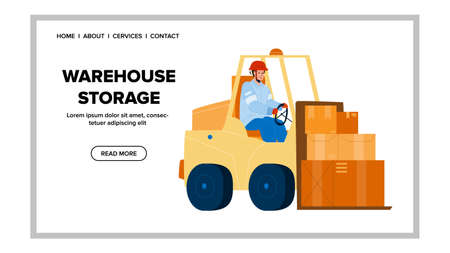 Warehouse Storage Forklift Carrying Boxes Vector. Warehouse Storage Building For Storaging Production. Character Working In Distribution Company Building Web Flat Cartoon Illustrationのイラスト素材