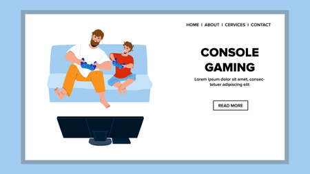 Console Gaming Father And Son Together Vector. Man And Preteen Boy Console Gaming On Living Room Sofa Furniture. Characters Parent And Child Enjoying Video Games Web Flat Cartoon Illustrationのイラスト素材