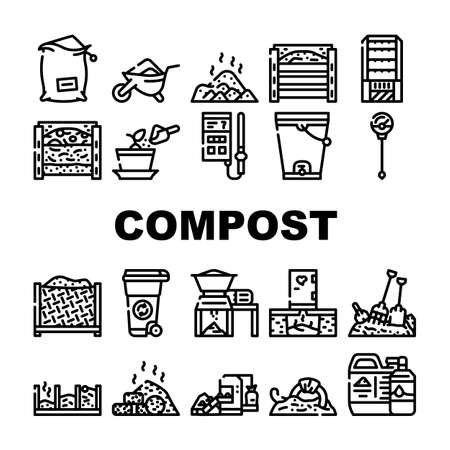 Compost Production Collection Icons Set Vector. Worms In Compost And Potted Plant, Industrial And Household Waste Shredder, Bag And Container Contour Illustrationsのイラスト素材