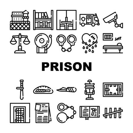 Prison Building And Accessory Icons Set Vector. Prison Cell And Electric Chair, Library And Visit Room, Knife In Bread And Police Baton Black Contour Illustrationsのイラスト素材