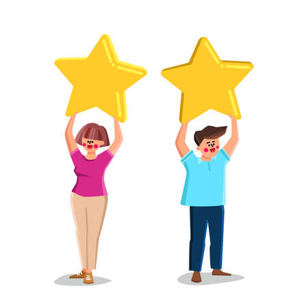 Boy And Girl Customer Reviews And Feedback Vector. Young Man And Woman Clients Holding Star And Rating Customer Reviews After Purchase Or Service. Characters Flat Cartoon Illustrationのイラスト素材