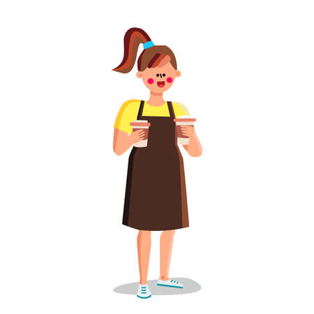 Girl Barista Holding Prepared Coffee Cups Vector. Girl Barista In Apron Carrying Brewed Energy Drink Espresso Or Cappuccino Hot Beverage. Character Cafeteria Worker Flat Cartoon Illustrationのイラスト素材