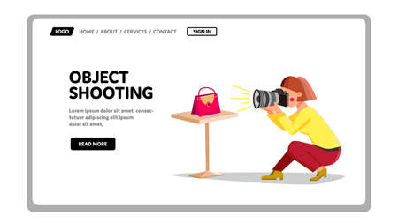 Object Shooting Photographer With Camera Vector. Handle Bag Object Shooting Woman On Photo Digital Device. Character Woman Photographing Fashion Accessory Web Flat Cartoon Illustrationのイラスト素材