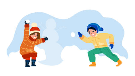 Kids Play With Winter Snow Balls Together Vector. Boy And Girl Friends Playing In Winter Seasonal Game Snowballs Fight. Characters Brother And Sister Funny Active Time Flat Cartoon Illustrationのイラスト素材