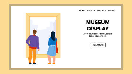 Museum Display Looking Man And Woman Couple Vector. Young Boy And Girl Togetherness Look At Museum Display. Characters Guy And Lady Visitors Exhibition In Gallery Web Flat Cartoon Illustrationのイラスト素材