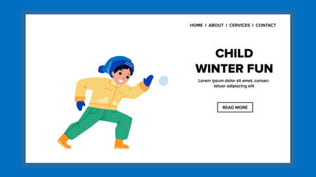 Child Winter Fun Play Game Snowball Fight Vector. Boy Playing Seasonal Child Winter Fun On Playground And Throwing Snow Ball. Character Funny Active Time Web Flat Cartoon Illustrationのイラスト素材