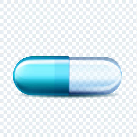 Medical Capsule Pill Disease Treatment Vector. Pharmaceutical Transparent Medicine Capsule With Antibiotic Or Aspirin. Pharmacy Pain Killer Healthcare Drug Template Realistic 3d Illustrationのイラスト素材