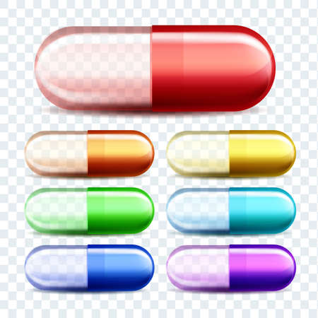 Medical Capsules Pills Different Color Set Vector. Collection Of Multicolored Pharmaceutical Transparent Medicine Capsules. Painkiller Health Care Drug Template Realistic 3d Illustrationsのイラスト素材