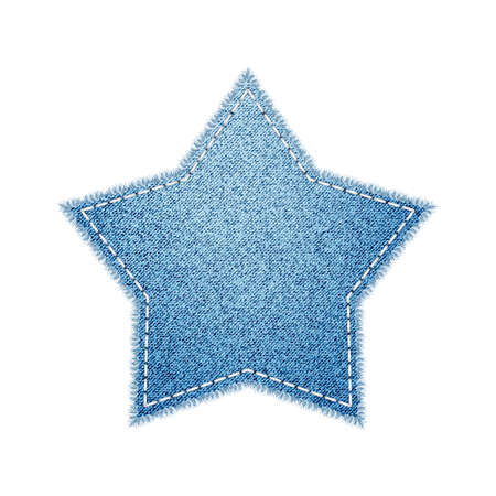 Star Denim Shape For Decorating Clothing Vector. Blank Decorative Fabric Denim Shape With Stitches Thread For Fix Clothes. Ornamental Jeans Tissue Patch Template Realistic 3d Illustrationのイラスト素材