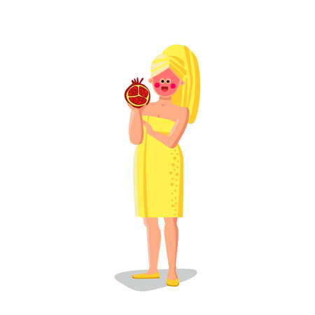 Pomegranate Face Mask Treat Young Woman Vector. Girl Wearing Towel After Bath Holding Pomegranate Fruit And Applying Natural Face Cream. Character Cosmetology Skin Care Flat Cartoon Illustrationのイラスト素材