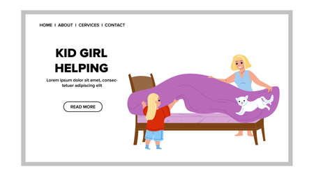 Kid Girl Helping Mother Cover Bed Housework Vector. Kid Girl Helping Mom Woman Covering Mattress With Bedsheet, Help Housekeeping. Characters Morning Routine Web Flat Cartoon Illustrationのイラスト素材