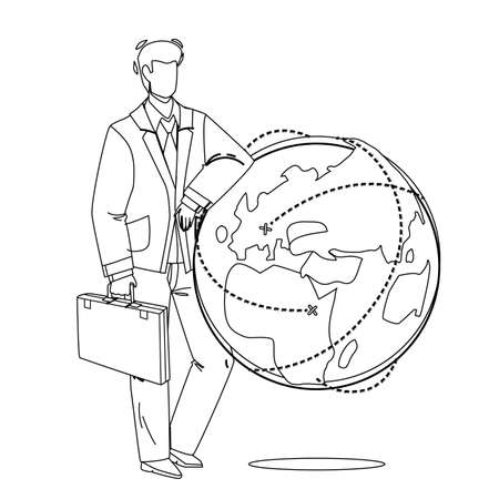 Global Business Managing Businessman Ceo Black Line Pencil Drawing Vector. Global Business Development And Management Young Man. Guy Wearing Suit Holding Case Staying Near Planet Sphere Illustrationのイラスト素材