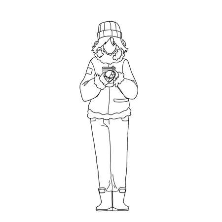 Hot Drink Drinking Woman In Winter Day Black Line Pencil Drawing Vector. Young Girl Wearing Warm Season Clothes Holding Hot Drink Coffee Or Tea Cup. Character Warming With Beverage Illustrationのイラスト素材