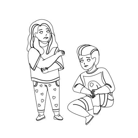Boy And Girl Kids Hurt After Fall On Ground Black Line Pencil Drawing Vector. Little Child Sitting On Floor With Knee Hurt And Lady Infant With Elbow Injury. Brother And Sister Illustrationのイラスト素材