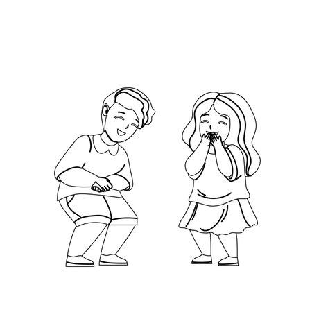 Kids Laughing Together From Funny Joke Black Line Pencil Drawing Vector. Little Happy Children Boy And Girl Couple Laughing, Positive Emotion. Preteen Brother And Sister Leisure Time Illustrationのイラスト素材