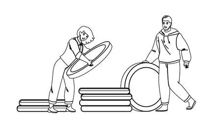 Saving Money For Buy House Young Family Black Line Pencil Drawing Vector. Man And Woman Couple Saving Money For Buying Real Estate Or Vacation Together. Characters Collect Coins Finance Illustrationのイラスト素材