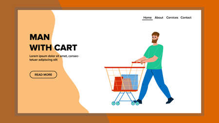 Man With Cart Shopping In Grocery Market Vector. Guy With Supermarket Cart Make Purchase Product In Store. Character Client Buy Goods And Food In Shop Web Flat Cartoon Illustrationのイラスト素材