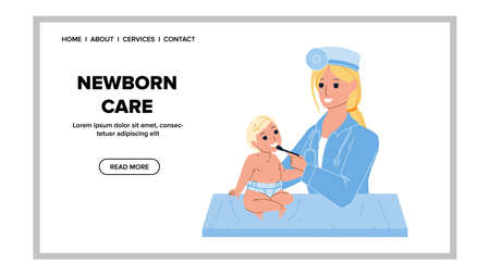 Newborn Care Nurse Woman In Clinic Office Vector. Young Pediatrician Lady Newborn Care And Checking Health In Hospital. Characters Baby And Doctor Medical Healthcare Web Flat Cartoon Illustrationのイラスト素材