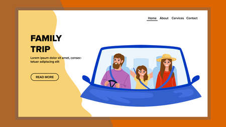 Family Trip Enjoying Parents And Child Vector. Father, Mother And Daughter Resting Family Trip In Car. Characters Traveling Together On Vacation Adventure Web Flat Cartoon Illustrationのイラスト素材