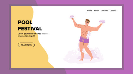 On Pool Festival Event Dancing Young Man Vector. Happy Guy In Swimming Costume Resting And Dance On Pool Festival. Joyful Character Boy Vacation Recreation Web Flat Cartoon Illustrationのイラスト素材