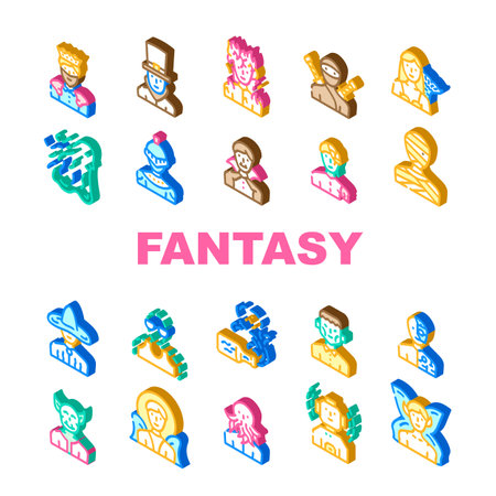 Fantasy And Magical Character Icons Set Vector. Zombie And Ghost, Angel And King, Burning And And Frankeinstein, Mummy And Vampire, Fairy And Steampunk Character Isometric Sign Color Illustrationsのイラスト素材