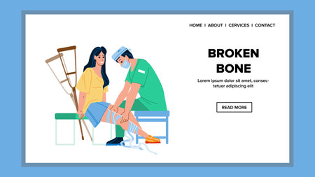 Patient Broken Bone Treat Doctor In Clinic Vector. Traumatologist Examining Woman Broken Bone And Applying Bandage, Medical Therapy In Hospital Cabinet. Characters Web Flat Cartoon Illustrationのイラスト素材