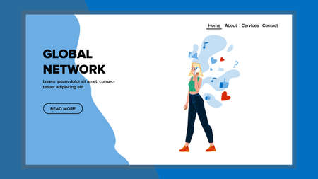 Global Network Technology And Communication Vector. Young Woman Talking On Mobile Phone And Using Internet Global Network Messager. Character Lady With Device Web Flat Cartoon Illustrationのイラスト素材