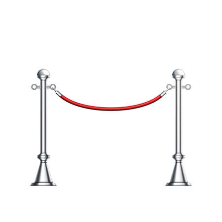 Barrier Chrome Column With Red Elegant Rope Vector. Luxury Stylish Barrier, Club Entrance Or Corridor Silver Steel Fence With Cord. Metallic Stanchions Template Realistic 3d Illustrationのイラスト素材