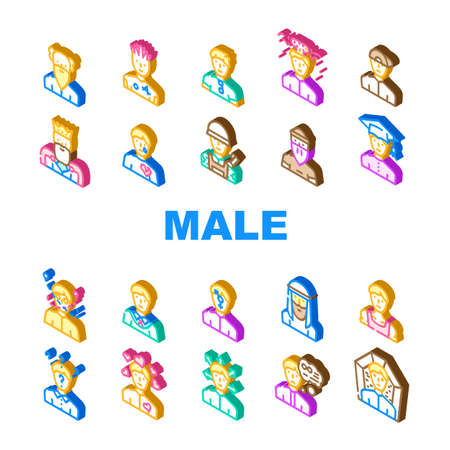 Male Business And Expression Icons Set Vector. Madness And Lovely Male, Choice Of Direction And Brain Explosion Man, Childhood, Old Aged Pensioner And Death Guy Isometric Sign Color Illustrationsのイラスト素材