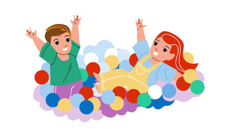 In Ball Pool Playing Boy And Girl Children Vector. Kid Resting And Enjoying In Ball Pool Together. Characters Funny Recreational Gaming Time On Kids Attraction Flat Cartoon Illustrationのイラスト素材