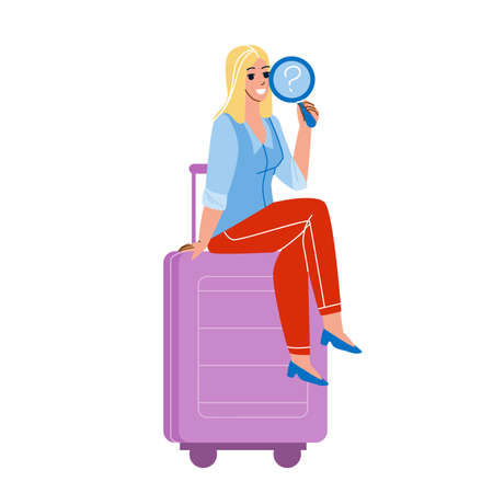 Girl Traveler Found Lost Baggage In Airport Vector. Young Woman Passenger Found Lost Luggage, Airline Service Trouble. Character Searching And Finding Suitcase Flat Cartoon Illustrationのイラスト素材