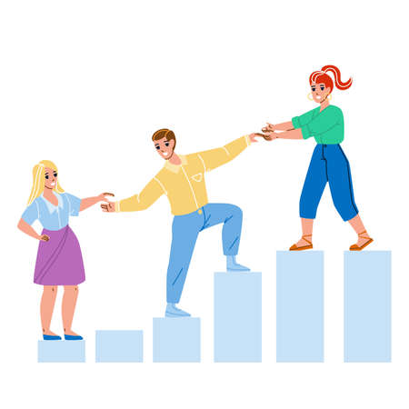 Mentor Helping Employee For Achievement Vector. Woman Mentor Help Man And Guy Help Girl For Growth Work Career Or Consult For Increase Income. Characters Business Flat Cartoon Illustrationのイラスト素材