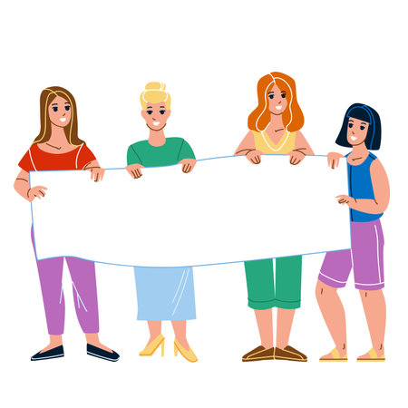 Women On Protest Demonstration Hold Banner Vector. Young Girls Protesting With Blank Poster On Demonstration. Characters Ladies Protesting Together On Meeting Flat Cartoon Illustrationのイラスト素材