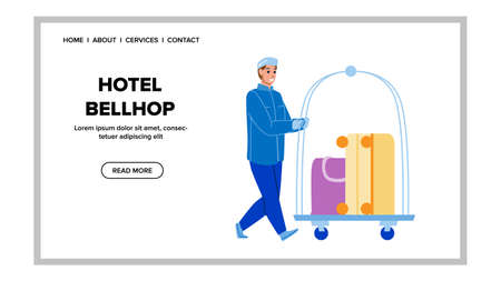 Hotel Bellhop Carrying Baggage On Cart Vector. Hotel Bellhop Man In Uniform Transporting Visitor Luggage To Apartment Room.のイラスト素材