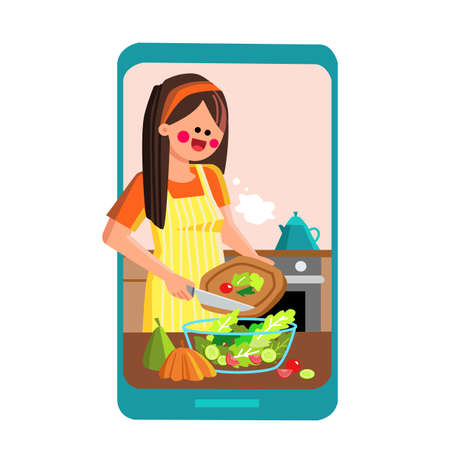 online recipe woman. kitchen online recipe app. cooking digital video. culinary class. gastronomy workshop vector character flat cartoon Illustrationのイラスト素材