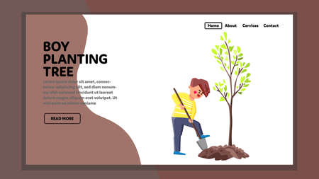 Boy Planting Tree For Care Environment Vector. Boy Planting Tree With Shovel In Garden Or Park Outside. Character Schoolboy Cultivating Natural Plant With Green Leaves Web Flat Cartoon Illustrationのイラスト素材