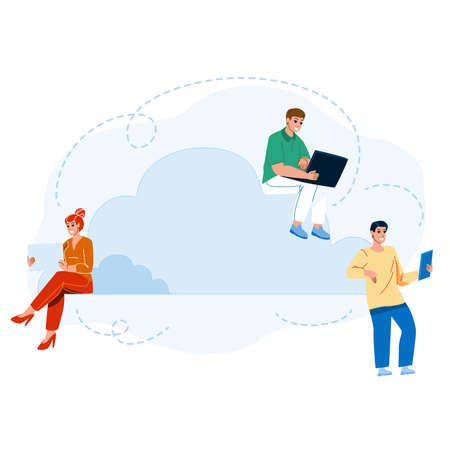 Cloud Sync Electronic Device With Storage Vector. Man And Woman Young People Cloud Sync Laptop And Smartphones With Server. Characters Gadget Internet Connection Flat Cartoon Illustrationのイラスト素材