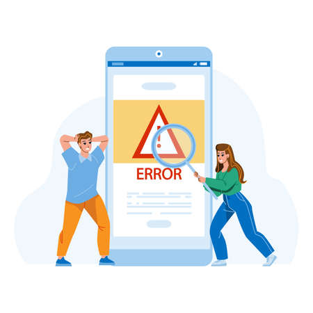 Error Warning Smartphone Operating System Vector. Shocked Man And Woman Researching Error Warning Alarm Message On Mobile Phone Display. Characters Research Gadget Problem Flat Cartoon Illustrationのイラスト素材